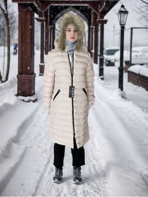 Krem Kapuşonlu Şişme Mont