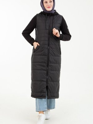 Armine Trend Kapüşonlu Önden Fermuarlı Kapitone Kap Siyah