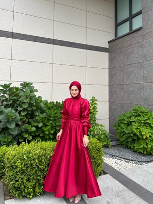 Bordo Tesettür Abiye Elbise