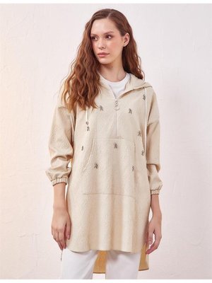 Rölyef Desen Krem Sweatshirt