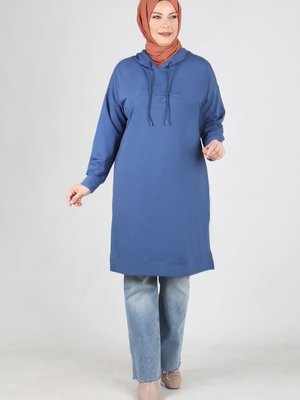 İndigo Büyük Beden Nakış Detaylı Kapüşonlu Ara Boy Tunik