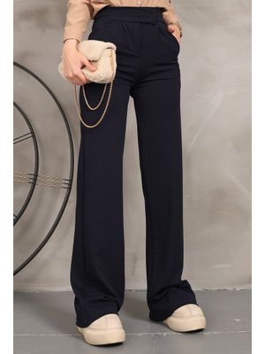 Lacivert Yüksek Bel Beli Cırt Cırtlı Palozzo Pantolon