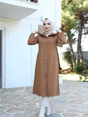 Beli Lastikli Trenç Kot Çift Cepli Kapüşonlu Beli Lastikli Trenç Kot Çift Cepli Kapüşonlu