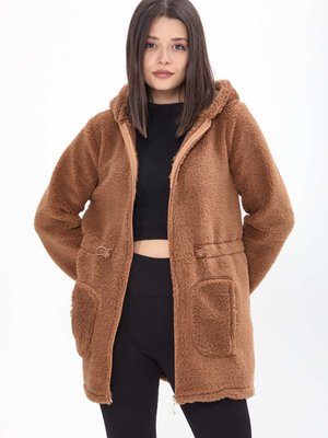 Kahve Beli Lastikli Kapüşonlu Peluş Mont Kahve Beli Lastikli Kapüşonlu Peluş Mont