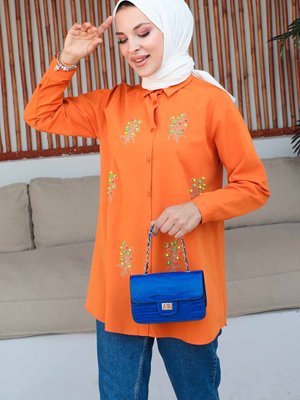 Orange Önü Balon Taşlı Terikoton Gömlek
