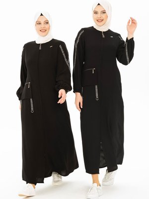 Şerit Detaylı Siyah Spor Ferace