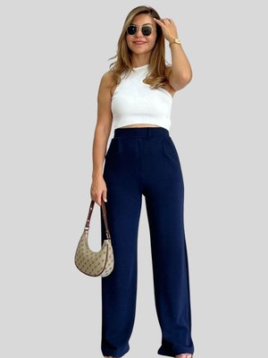 Lacivert Cırtlı Yüksek Bel Palazzo Pantolon