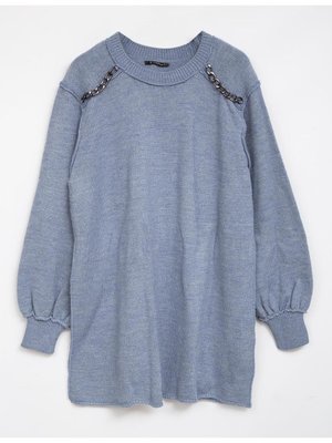 Omzu Zincir Detaylı Triko Tunik Açık Mavi