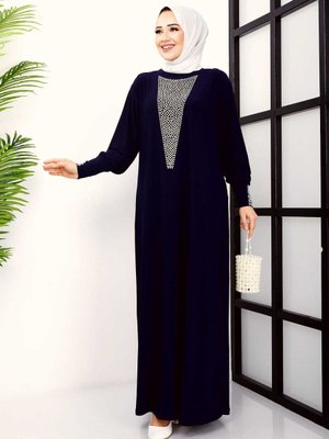 Kadın Sandy Önü Ve Kol Manşetleri Dms Taşlı Boydan Tesettür Elbise