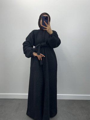 Siyah Buklet Uzun Kloş Kaban