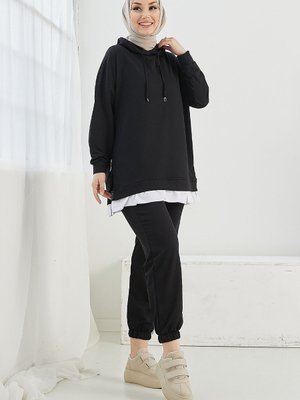 Losya Yanları Fermuarlı Kapüşonlu İkili Takım Siyah Losya Yanları Fermuarlı Kapüşonlu İkili Takım Siyah