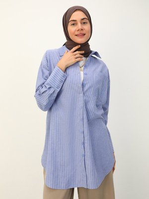 Mavi Beyaz Çizgili Cep Detaylı Oversize Poplin Gömlek