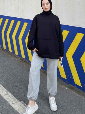 Kanguru Cep Kapüşonlu Düz Renk Sweatshırt