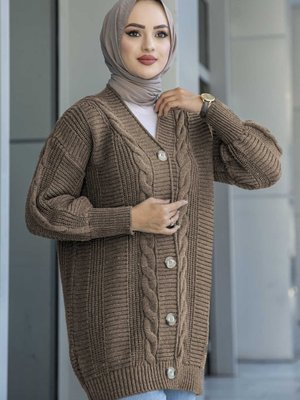 Triko Düğmeli Saç Örğülü Hırka Vizon