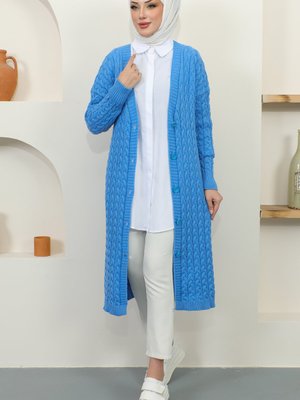 Düğmeli Uzun Triko Hırka Mavi