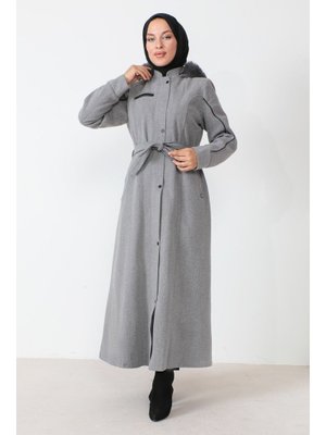 Gri Deri Detaylı Tam Boy Kaşe Kaban Gri Deri Detaylı Tam Boy Kaşe Kaban