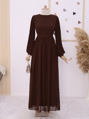 Kolları Plise Detaylı Önü Kuplu Şifon Elbise Kolları Plise Detaylı Önü Kuplu Şifon Elbise