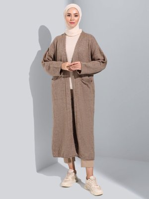 Cep Detaylı Oversize Triko Hırka Vizon