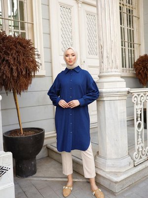 Kolları Pileli Salaş Tunik İndigo Brc12m01