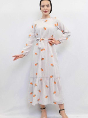 Moda Çizgi Desenli Elbise Turuncu Moda Çizgi Desenli Elbise Turuncu