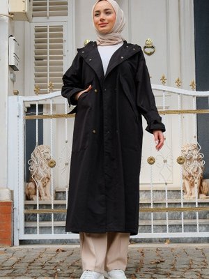 Siyah Çift Cepli Çıt Detay Kapüşonlu Trençkot Siyah Çift Cepli Çıt Detay Kapüşonlu Trençkot