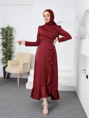 Bordo Kuşağı Boncuklu Saten Abiye Elbise Bordo Kuşağı Boncuklu Saten Abiye Elbise