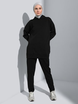 Siyah Kapüşonlu Sweat Ve Pantolon İkili Eşofman Takımı