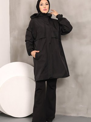 Siyah Kapüşonlu Cepli Trençkot Siyah Kapüşonlu Cepli Trençkot