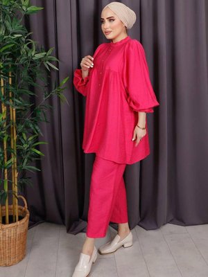 Fuşya Yarı Düğmeli Keten Takım