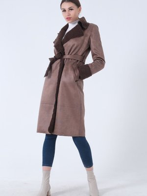 Kahve Süet Kumaş Kemerli Kaban