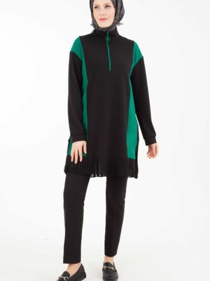 Önden Fermuarlı Plise Detaylı Tunik Bordo Saks Yeşil Önden Fermuarlı Plise Detaylı Tunik Bordo Saks Yeşil