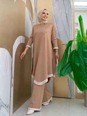 Omuz Taş İşleme Detay Tunik İkili Triko Takım Taba