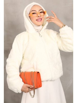 Krem Kapüşonlu Peluş Mont Krem Kapüşonlu Peluş Mont