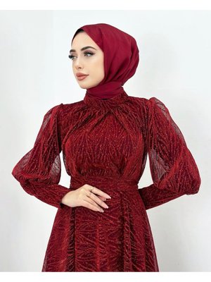 Kendinden Desenli Simli Dokuma Tül Abiye Elbise Merveplume