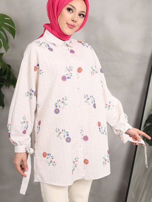 Fuşya Kol Bağlamalı Keten Gömlek