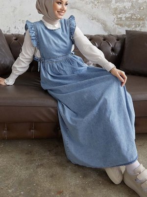 Frida Omuzu Fırfırlı Kot Jile Elbise Açık Mavi