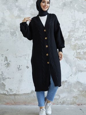 Evia Düğmeli Triko Hırka Siyah