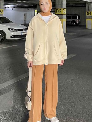 Ön Fermuarlı Düz Sweatshirt