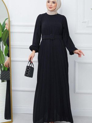 Kemerli Piliseli Aerobin Elbise Siyah