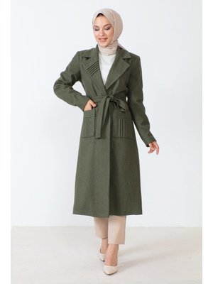 Haki Beli Kuşaklı Kaşe Kaban Haki Beli Kuşaklı Kaşe Kaban