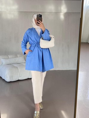 Kruvaze Yaka Bel Büzgülü Ceket Mavi