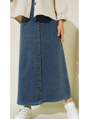 Metal Düğme Kapamalı Denim Detaylı Süslemeli Uzun Kot Etek