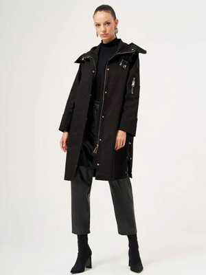 Fermuar Detaylı Kapüşonlu Ceket Kap Siyah