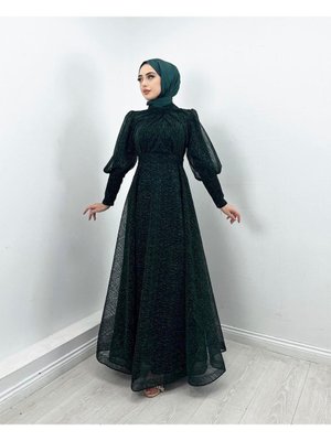 Kendinden Desenli Simli Dokuma Tül Abiye Elbise Merveplume