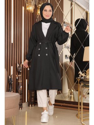Siyah Düğme Detaylı Trençkot