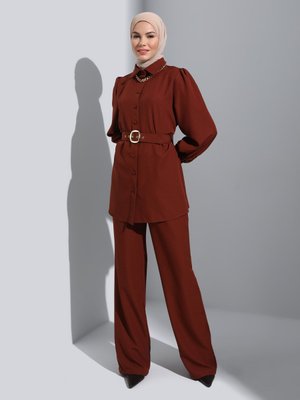 Krep Kumaştan Kemerli Tunik Pantolon İkili Takım Kapucino
