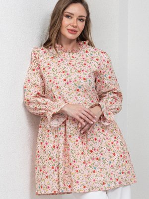 Pudra Çiçekli Fırfır Yakalı Poplin Tunik Pudra Çiçekli Fırfır Yakalı Poplin Tunik