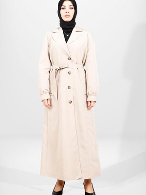 Düğmeli Bej Uzun Trençkot