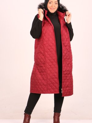 Bordo Büyük Beden Kapitone Çıkarılabilir Kapüşonlu Yelek