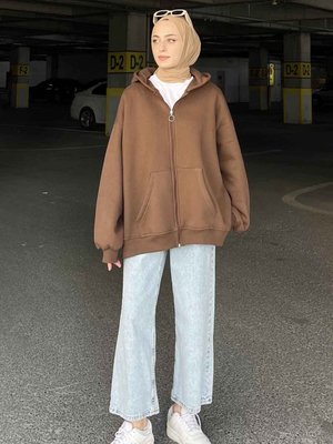 Ön Fermuarlı Düz Sweatshirt